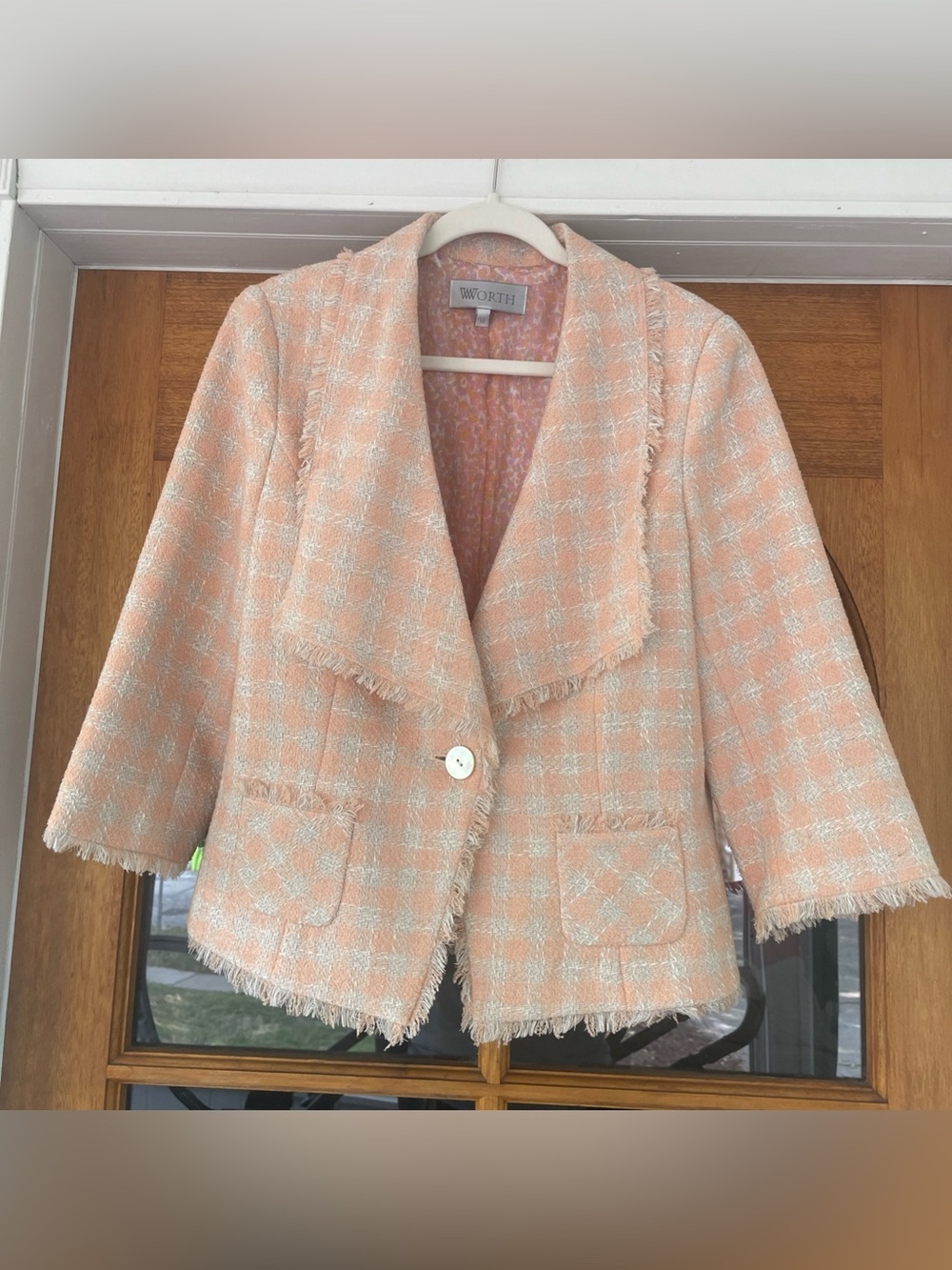 Worth New York Womenās Peaches And Cream Tweed Blazer Size 16